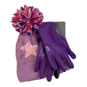 Purple Star - Free Country Girl's Warm Winter Pom Pom Knit Hat & Non-Slip Grip G